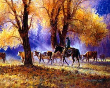 印象派 Painting - 秋の森を歩くカウボーイ